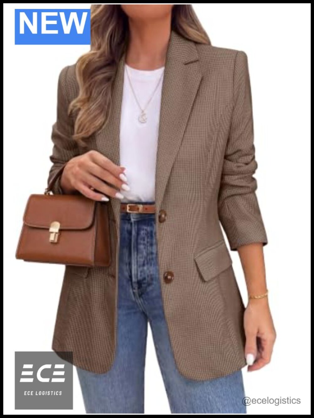 Tweed Houndstooth Plaid Blazer Business Casual Two-Button